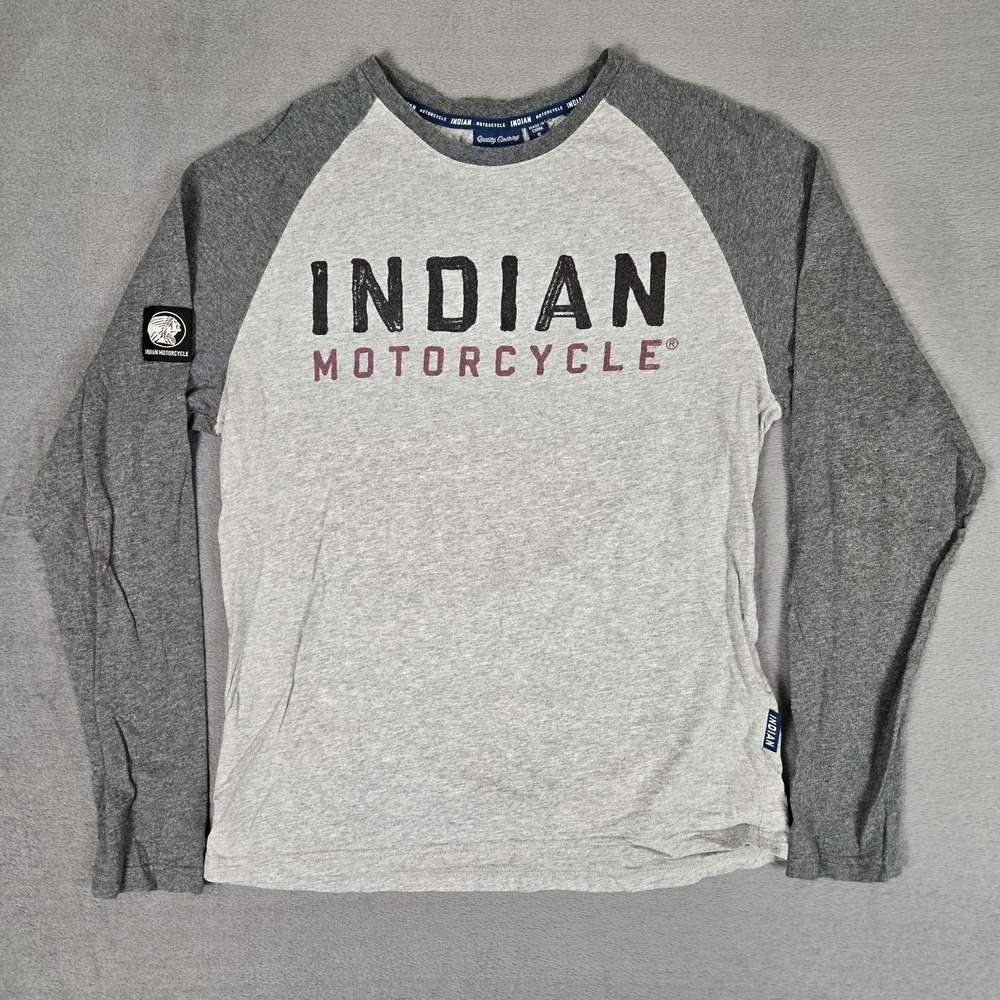 Indian Motorcycle Shirt Mens Small Long Sleeve Gray Tee Crewneck Block Logo